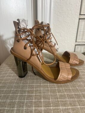 Jaggar Y2K Lace Up Nude Leather Metallic Block Heel Sandal Womens Size 8